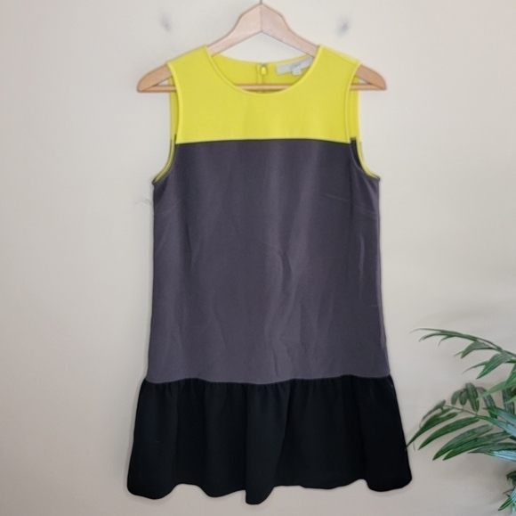 Loft | Yellow Gray Black Colorblock Dress with Ruffle Hem Size 6 - Picture 1 of 7